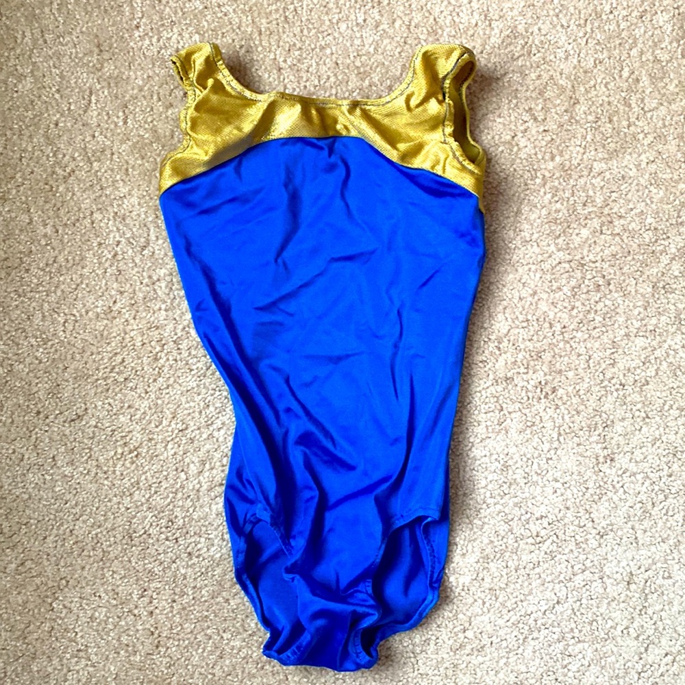 Gymnastics leotard | color: blue/gold | size: girls 6-8